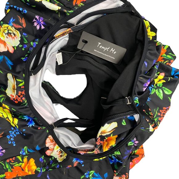 NWT Tempt Me S Black Floral Swimsuit Ruffle Top Molded Cup Tropical Print - Picture 7 of 12